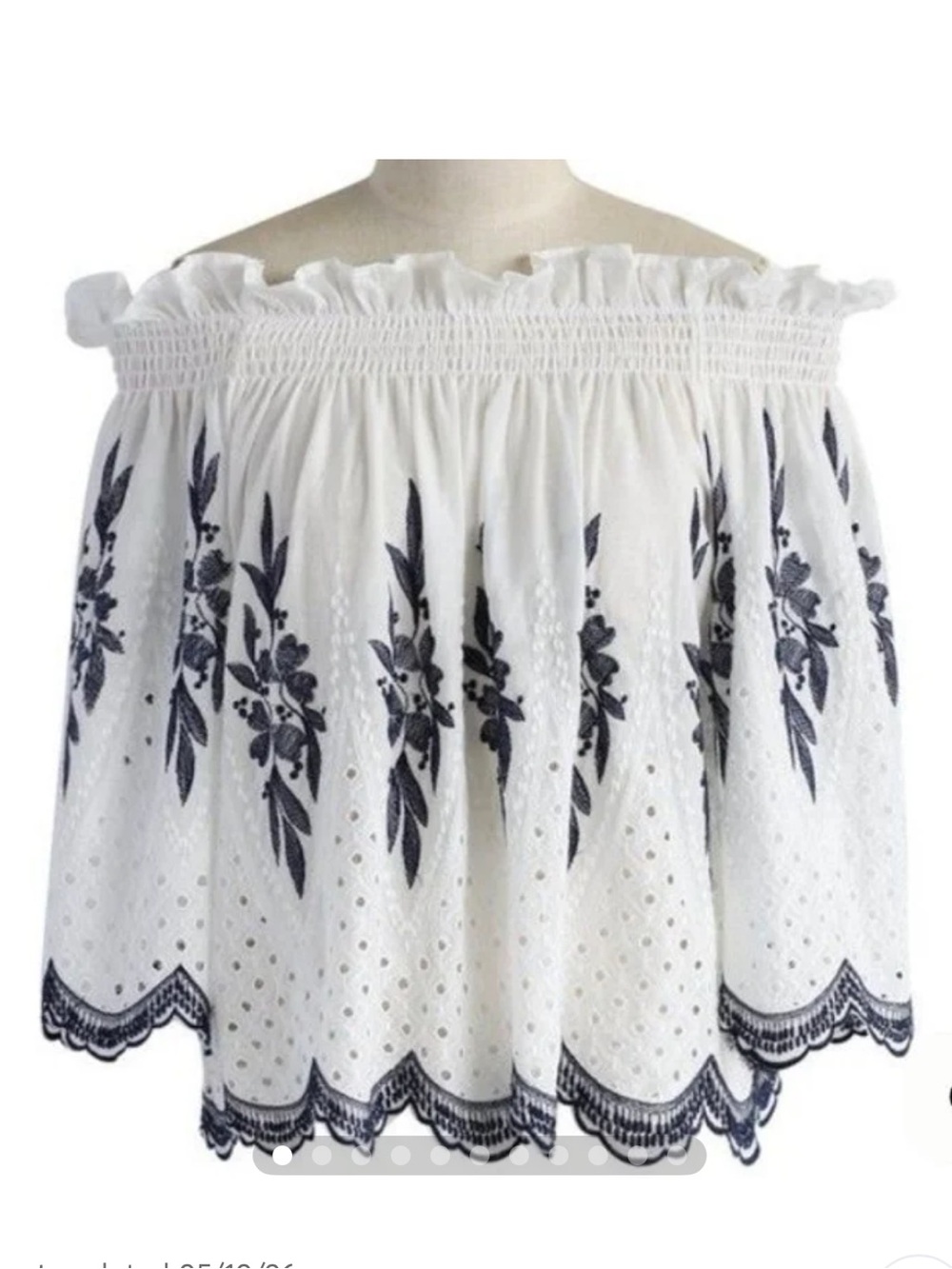 Vivid Importers Of NY  Off-Shoulder Eyelet Blouse with Navy Floral Embroidery